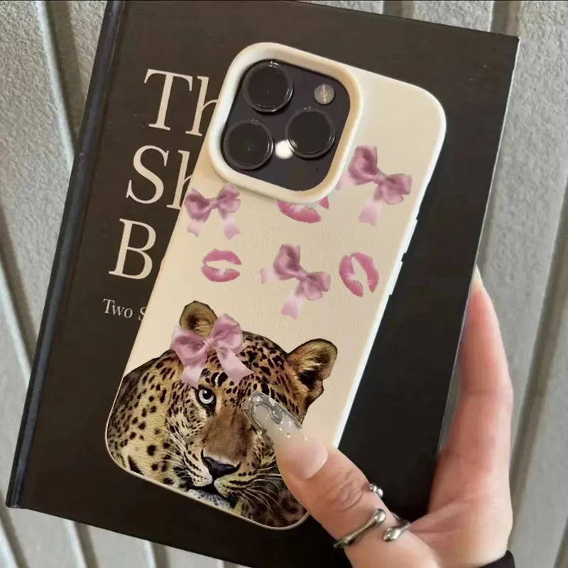 Pink Leopard Print Shockproof Phone Case with Cub Pattern