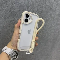 Shining Bling Diamond Transparent Phone Case with Wristband Lanyard Cover - iPhone 15 Plus (Antique White)