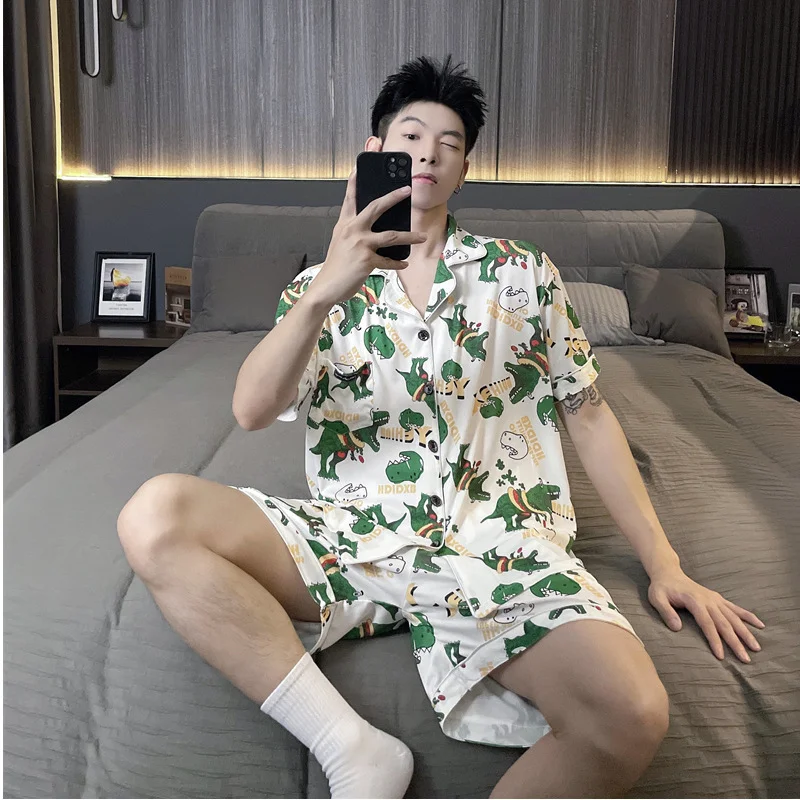 250 pounds fat plus size men's sleepwear, ice silk summer short sleeved shorts, high-end set, thin and chubby home_voghion.com