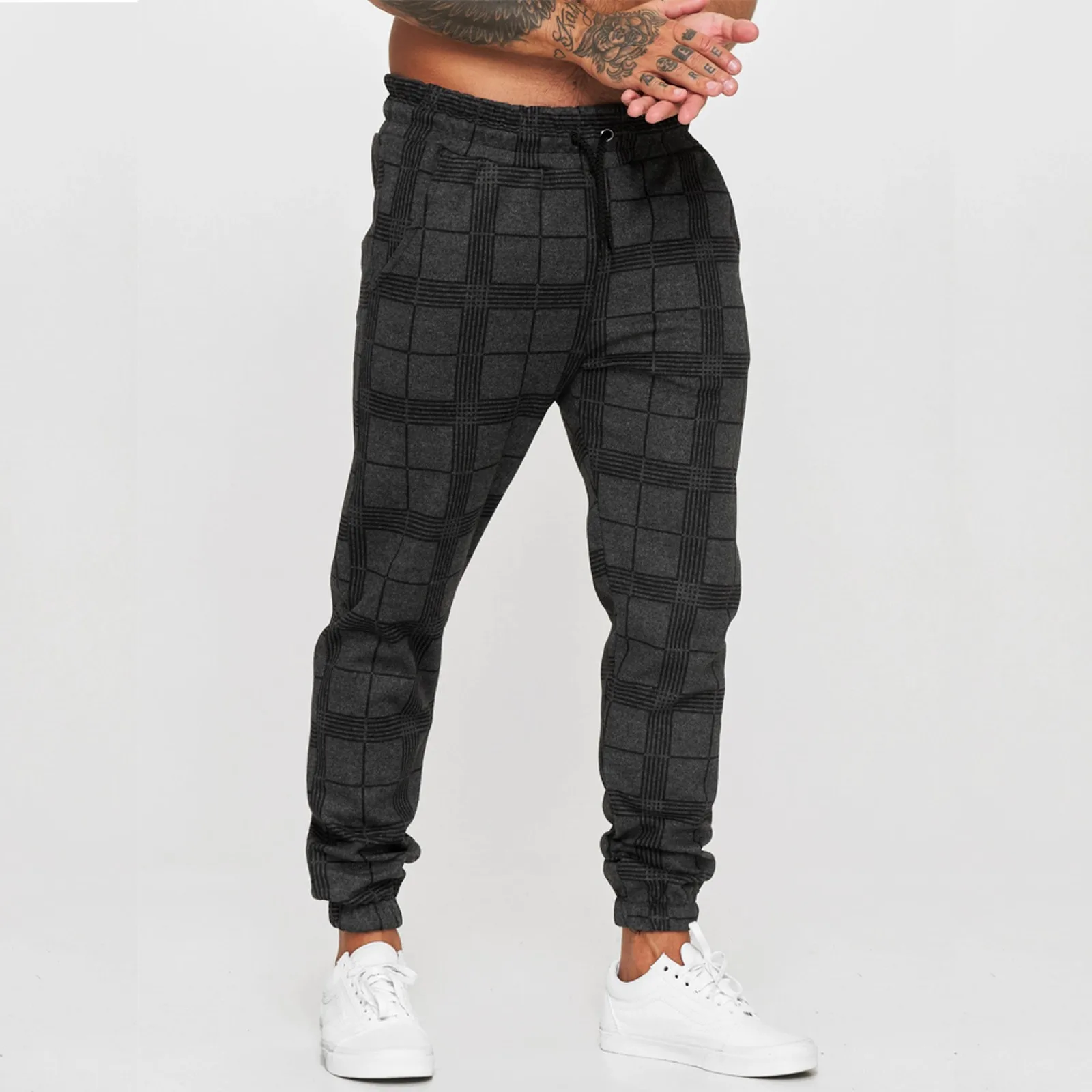 Mens New Streetwear Jogging White Plaid Pants Sweatpants Men Business Casual Trousers Vintage Straight Long Pants Pantalon Homme