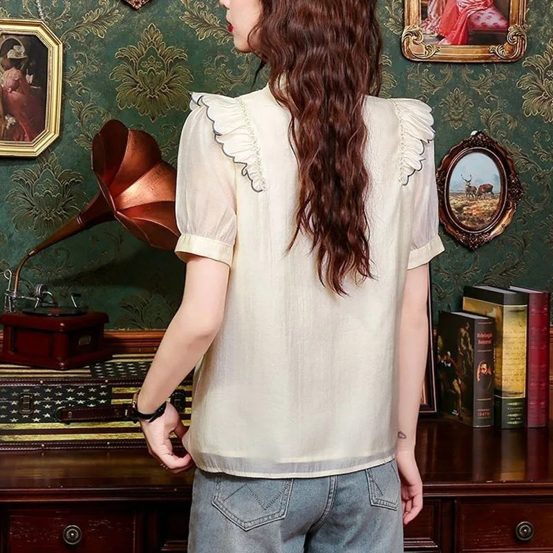 Chinese Style Summer New Stand Collar Pan Button Embroidery Spliced Ruffles Elegant Slim Versatile Women's Chiffon Shirt Tops