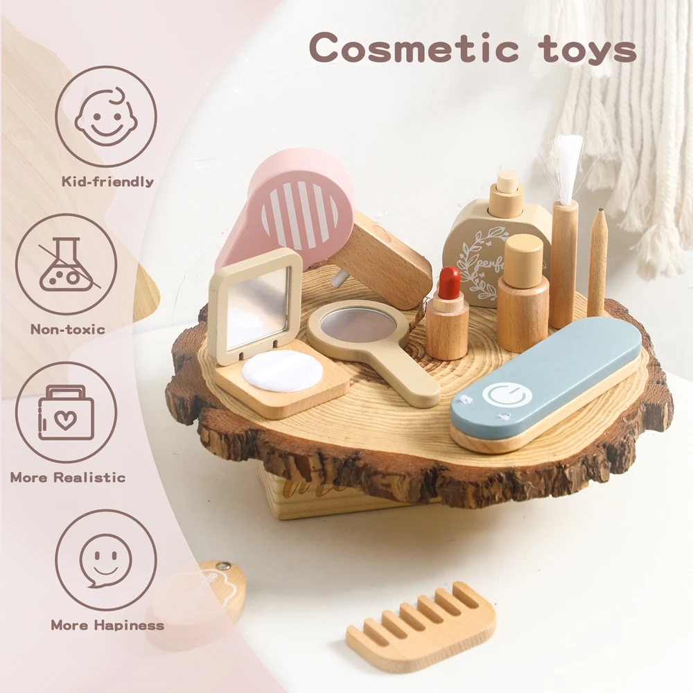 Wooden Children's Simulation Makeup Set Girls Role Play Hair Comb Brush Mirror Mascara Gifts Toy Girl Montessori Makeup Toy 2