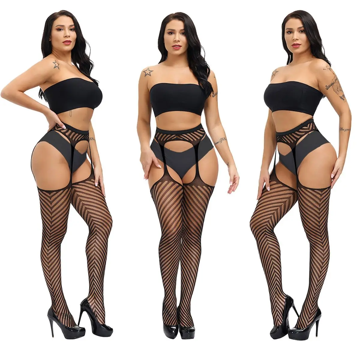 Description Picture 6 of itemWomen Sexy Fishnet Stockings High Waist Transparent New Mesh Tights With Garter Belt Hollow Pantyhose Crotchless Erotic Lingerie