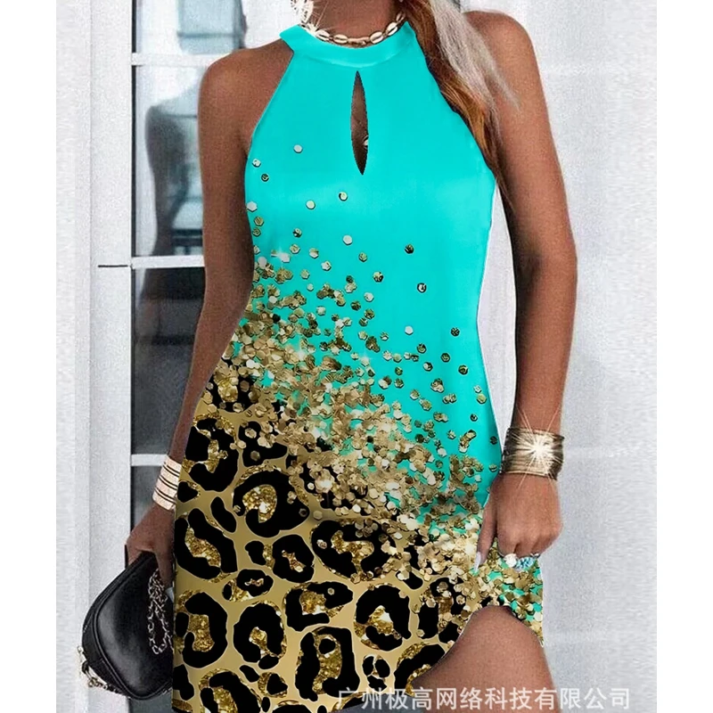 

Women Halter Sleeveless High Waist 2023 New Sexy Mini Dress Contrast Leopard Print Keyhole Neck Casual Dress