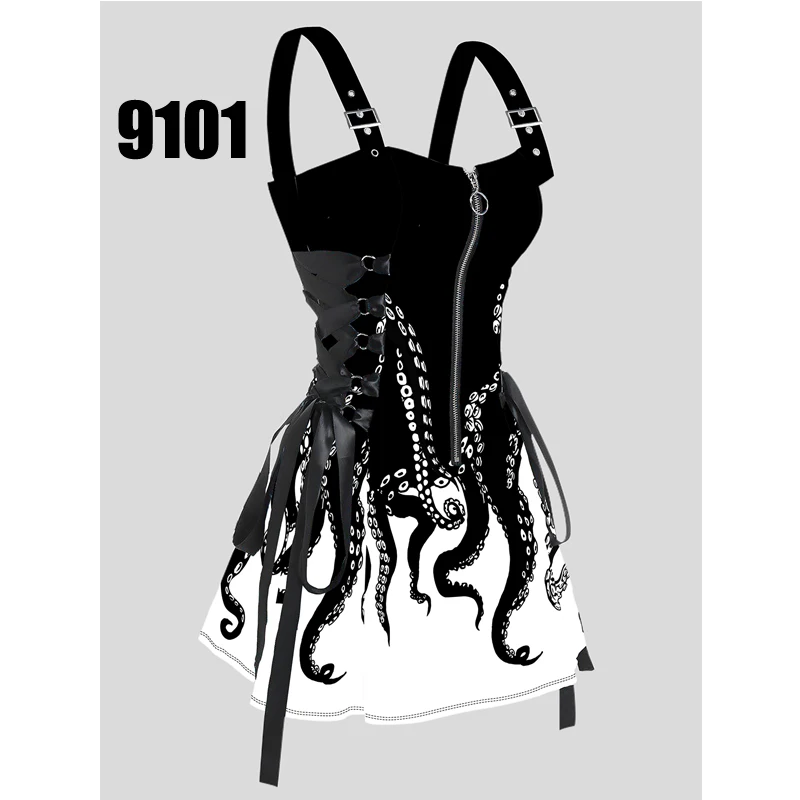 Women Printed Sleeveless Mini Dress Galaxy Octopus Lace Up Half Zipper Adjustable Buckle Strap Sexy Robe For Female