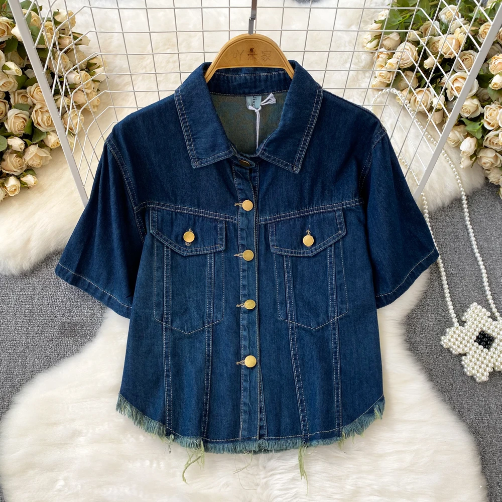 

Summer American Retro Style Short Sleeved Lapel Tassel Single Breasted Short Denim Jacket Casual Short Top