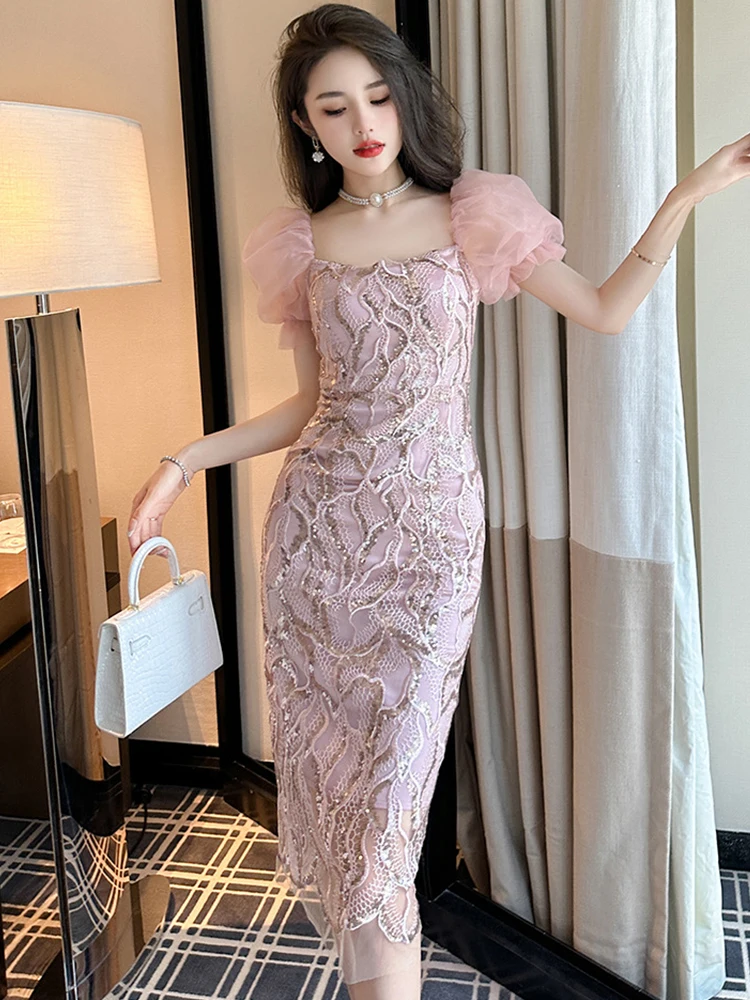 

Summer Banquet Sequins Dress Woman 2023 French Mesh Bubble Sleeve Bodycon Slit Pink Dresses Party Vestido Prom Fiesta Robe Femme