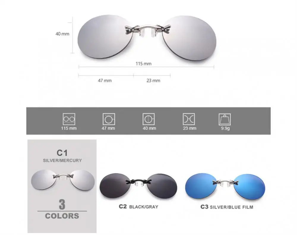Clip On Nose Glasses Round Rimless Matrix Morpheus Sun Travel Shades Goggles Mini Frameless Vintage Men UV400_voghion.com