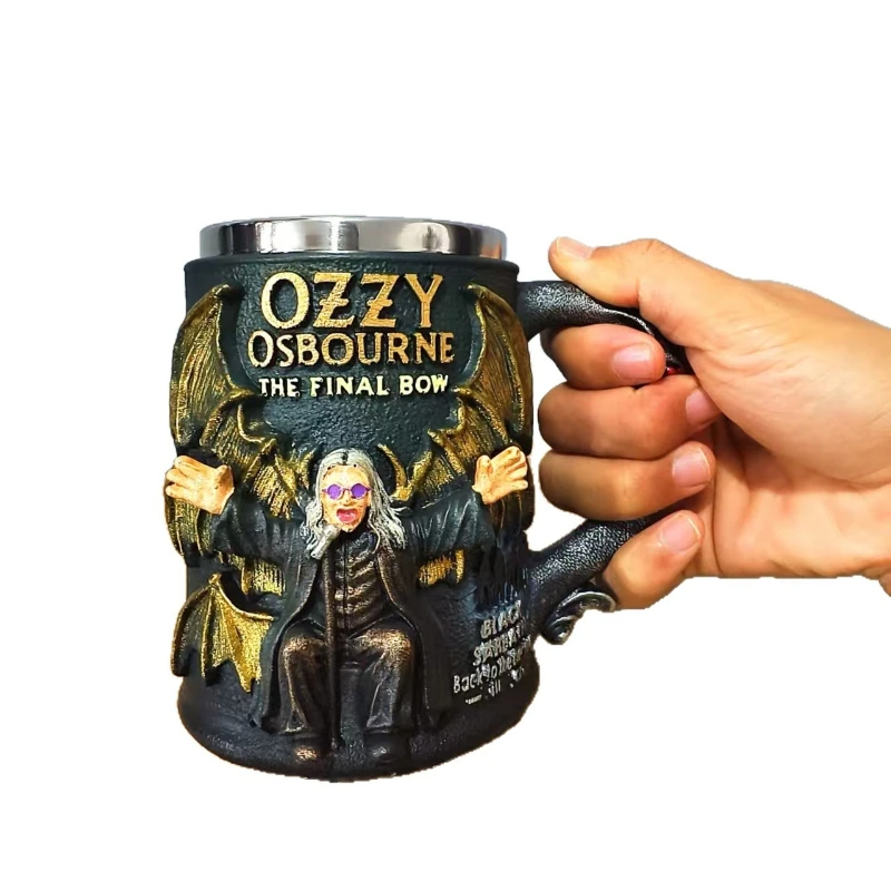 New Retro 3D Resin Mug Ozzy Osbourne The Final Bow Crafts Ornament Stainless Steel Inner Container Cup for Bar Restaurant & Home