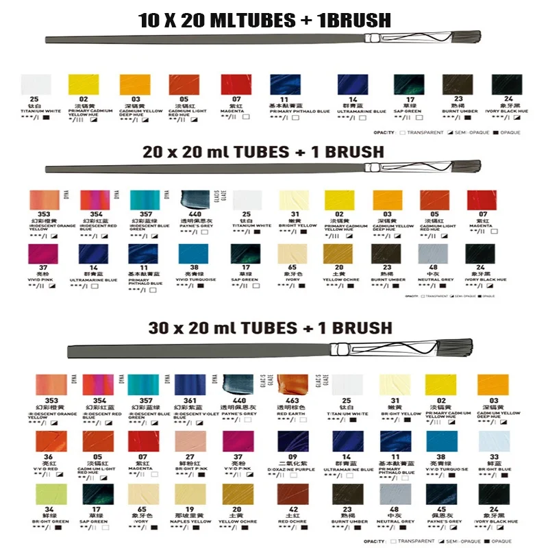 Pebeo Studio Acrylics Paint Set - 30x20ml + 2x100ml Tubes & Brush, Complementary Colors (Made In France)