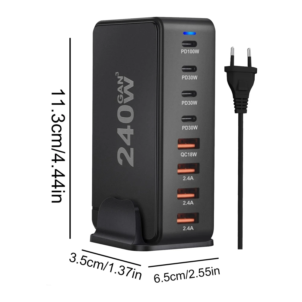 240W Desktop Charging Station 4 USB Type C USB Type A Charger 8 Ports For iPhone15 PD Fast Charger For Laptop Tablet