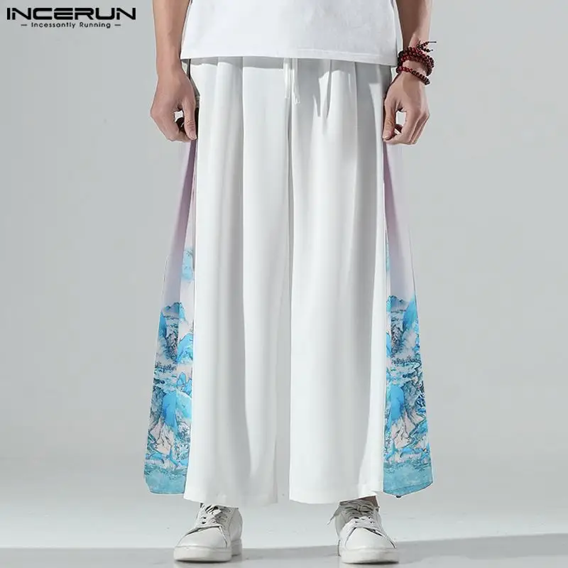 

INCERUN 2023 Chinese Style New Men's Pants Retro Stitching Wash Painting Pattern Trousers Casual Street Wide Leg Pantalons S-5XL