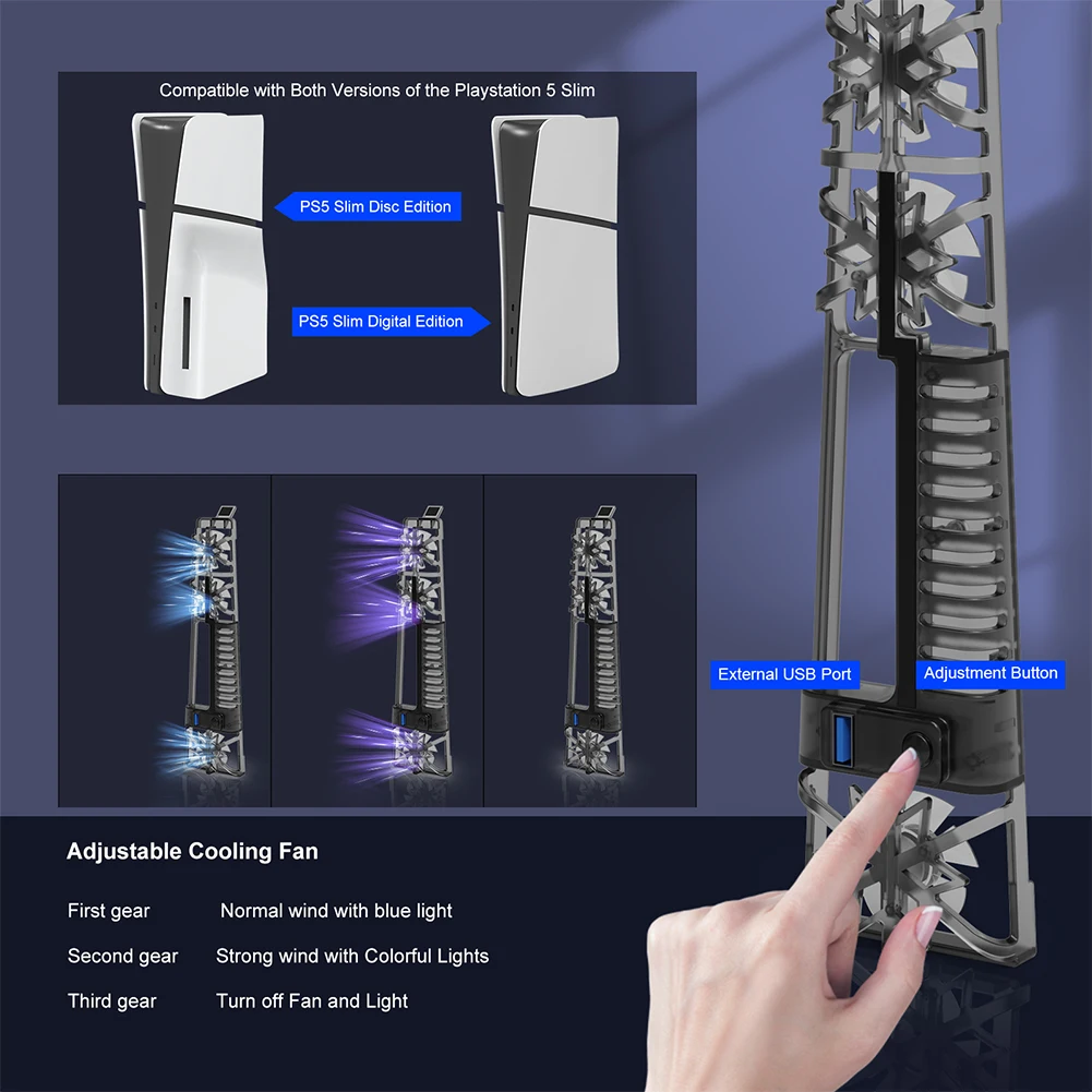 선풍기 저소음 효율적인 냉각 시스템, RGB LED 조명, PS5 슬림 디스크 및 디지털 에디션용 게임 액세서리