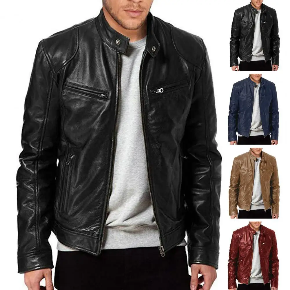 

Windproof Men Jacket Men Casual Jacket Stylish Men's Faux Leather Motorcycle Jacket Windproof Stand Collar Zipper for Fall