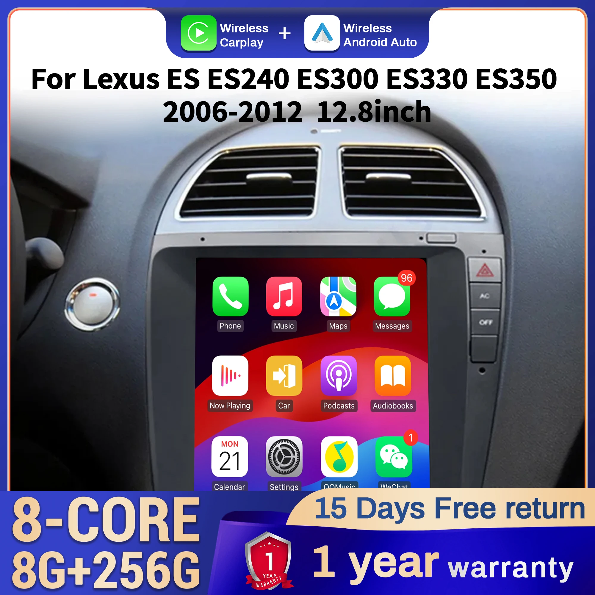 12,8 "autoradio para Lexus ES ES240 ES300 ES330 ES350 2006-2012 unidad principal inalámbrica Bluetooth CarPlay sistema estéreo de pantalla táctil 1