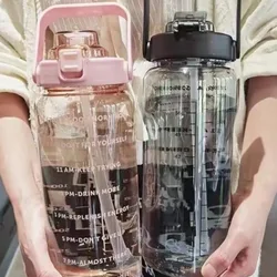 Large Capacity 2L Portable Water Bottle with Time Marker and Straw for Outdoor Sports & Fitness (Pink)