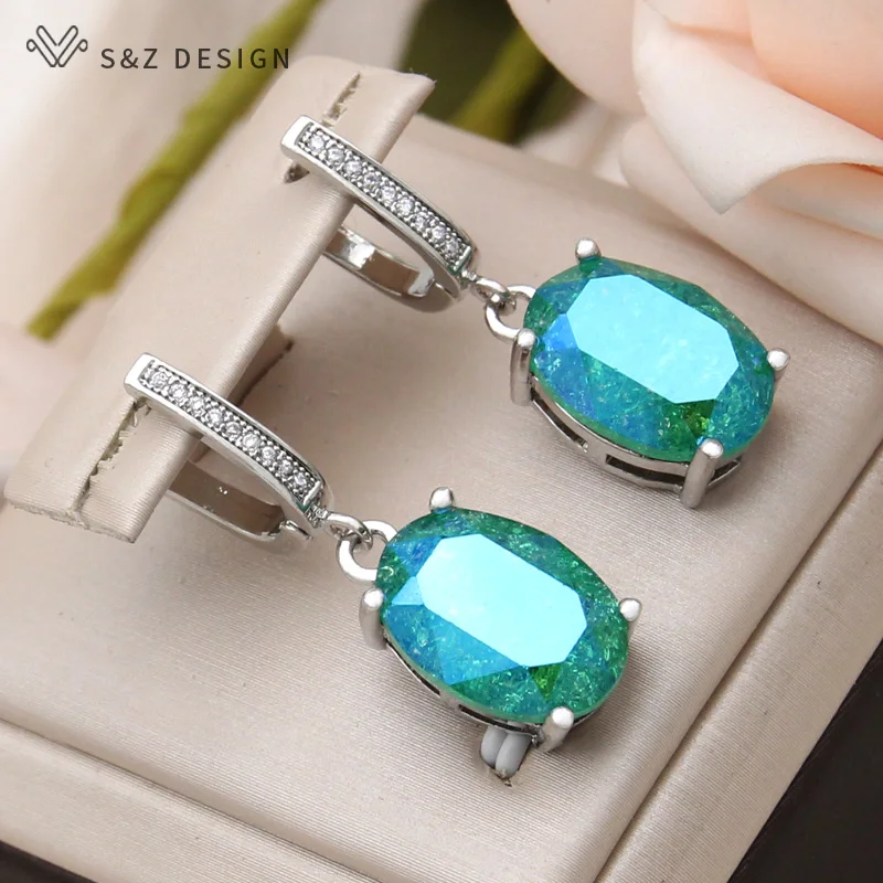 S&Z DESIGN New Fashion Ice Crack Egg Shape Oval Crystal Dangle Earrings For Women 585 Rose Gold Color Cubic Zirconia Jewelry