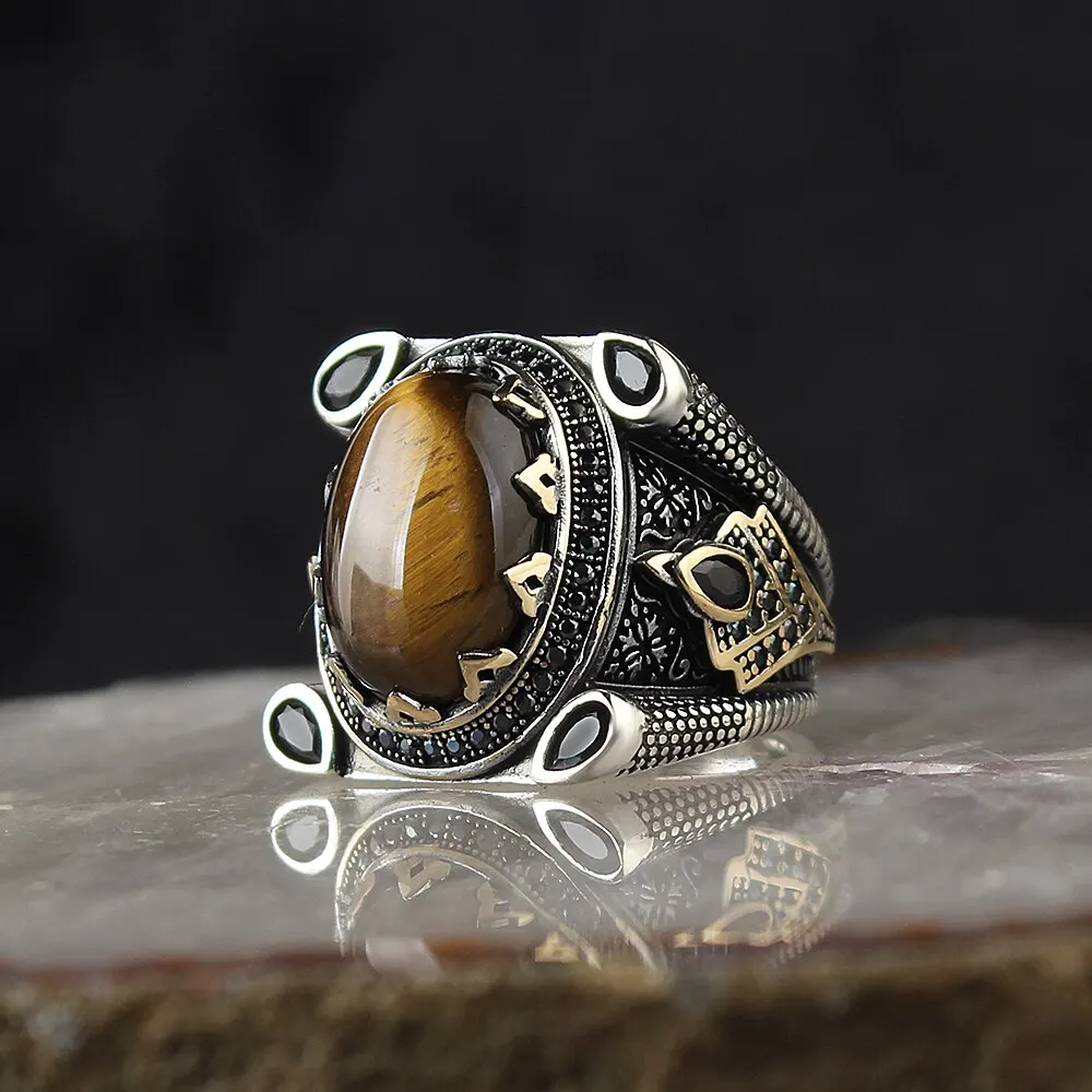 

Turkish Handmade 925 Sterling Silver Rings For Men Tiger Eye Natural Stone Jewelry Fashion Gift Mens Accessories Movador