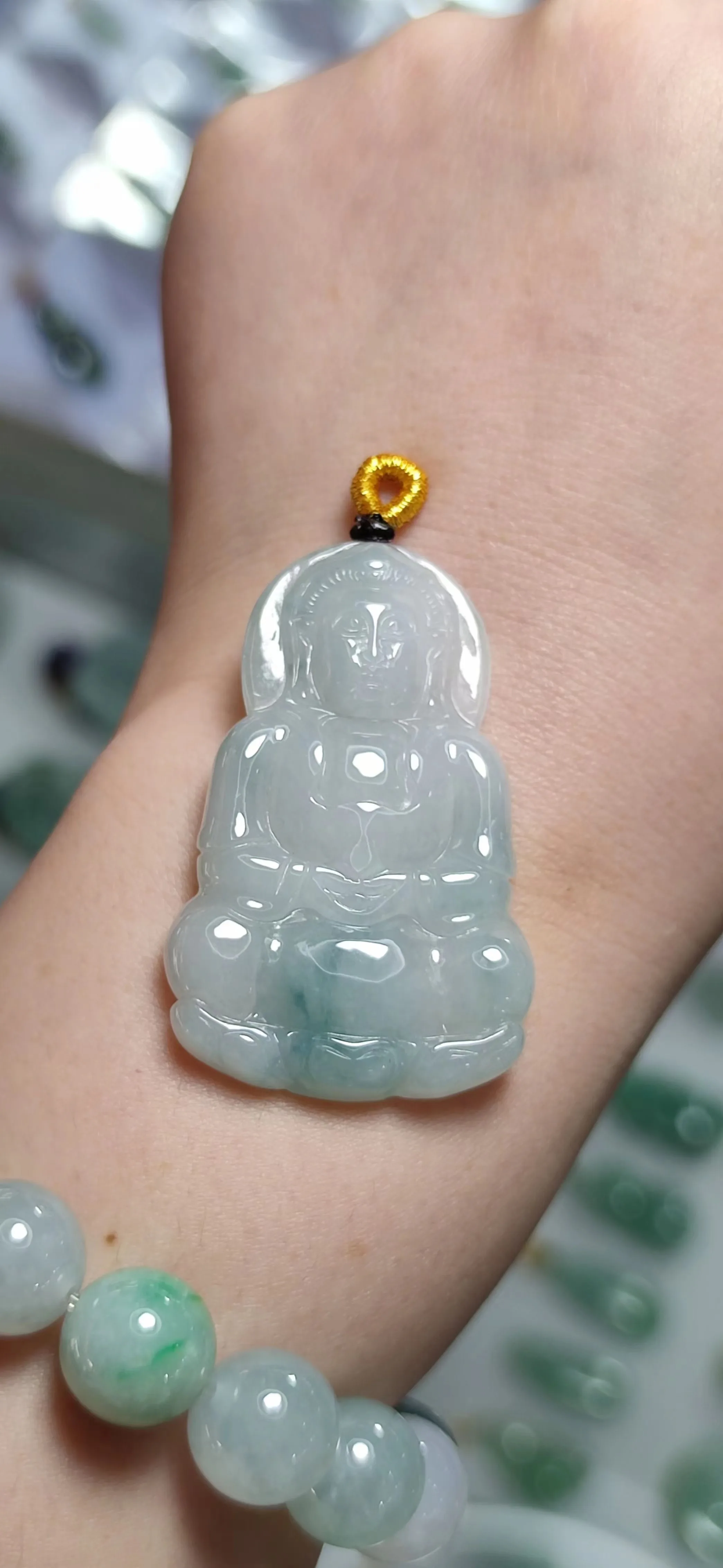 

Natural 100% real white green jadeite carve Guanyin Bless peace pendant jewellery Handle piece for men woman gifts good luck