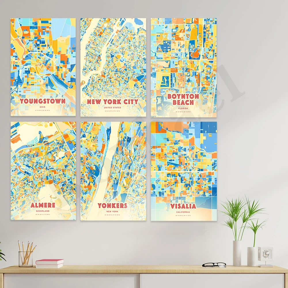 Visalia Yonkers Almere Boynton Chengdu Oxnard New York Youngestown Pune Roma. Poster Della Mappa Dei Colori Della Città