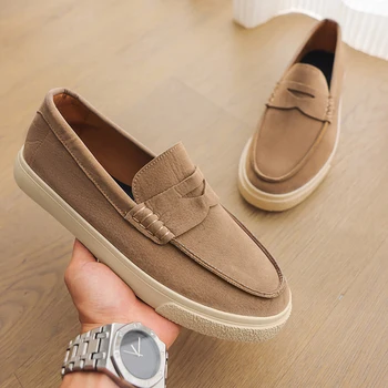 2025 Genuine Suede Moccasins for Men: Black Round Toe, Decorative Flap, Stitching Details, Brown Lining & Comfortable Fit