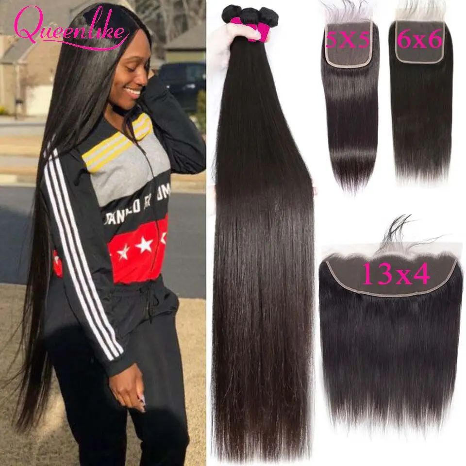 Human hair bundles 5x5 Lace Closure Bundles Brazilian Weave 30 40 Inch Straight Human Hair Bundles 6X6/13X4 Frontal Closures
