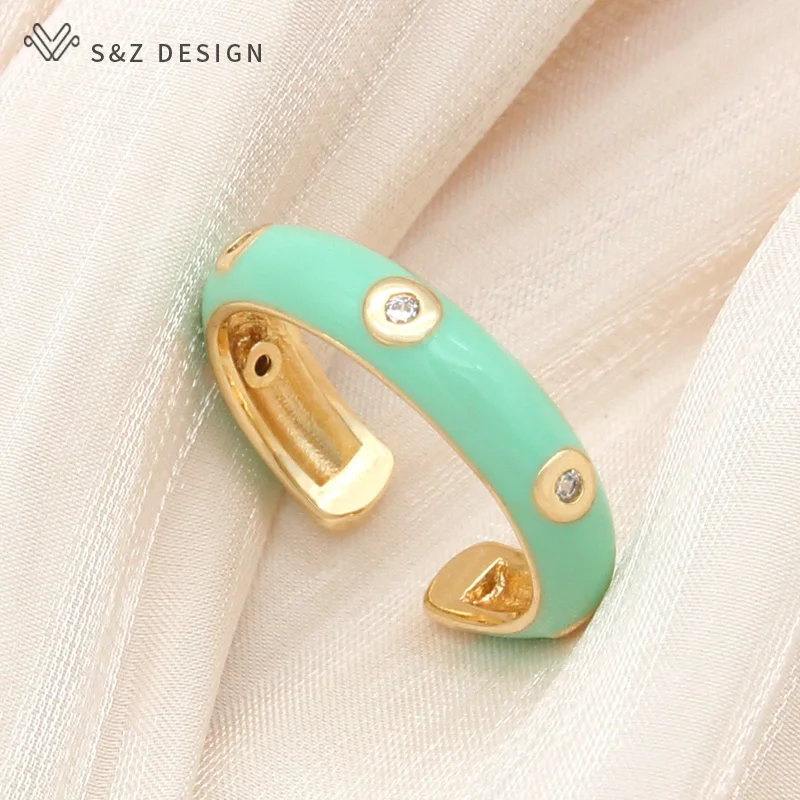 S&Z DESIGN New Fashion Geometric Champagne Gold Color Resizable Enamel Rings For Women Wedding Trendy Cubic Zirconia Jewelry