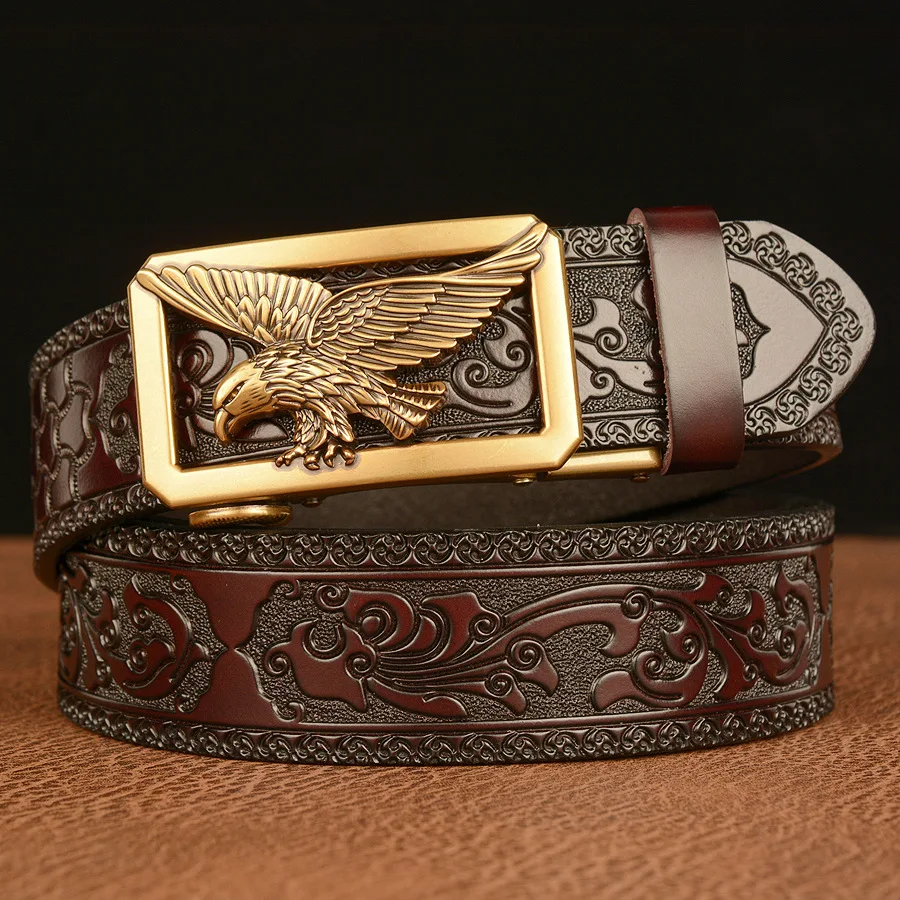 

New Fashion Tang Grass Pattern Embossed Men's Automatic Buckle Belt with Cowhide Retro Hollow Eagle Personalized Belt for Men