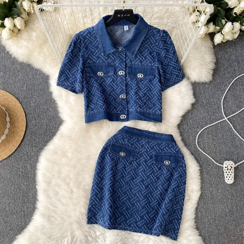 

Summer Retro Hong Kong Style Set with Polo Neck Shirt and High Waisted Denim Skirt in Two Pieces