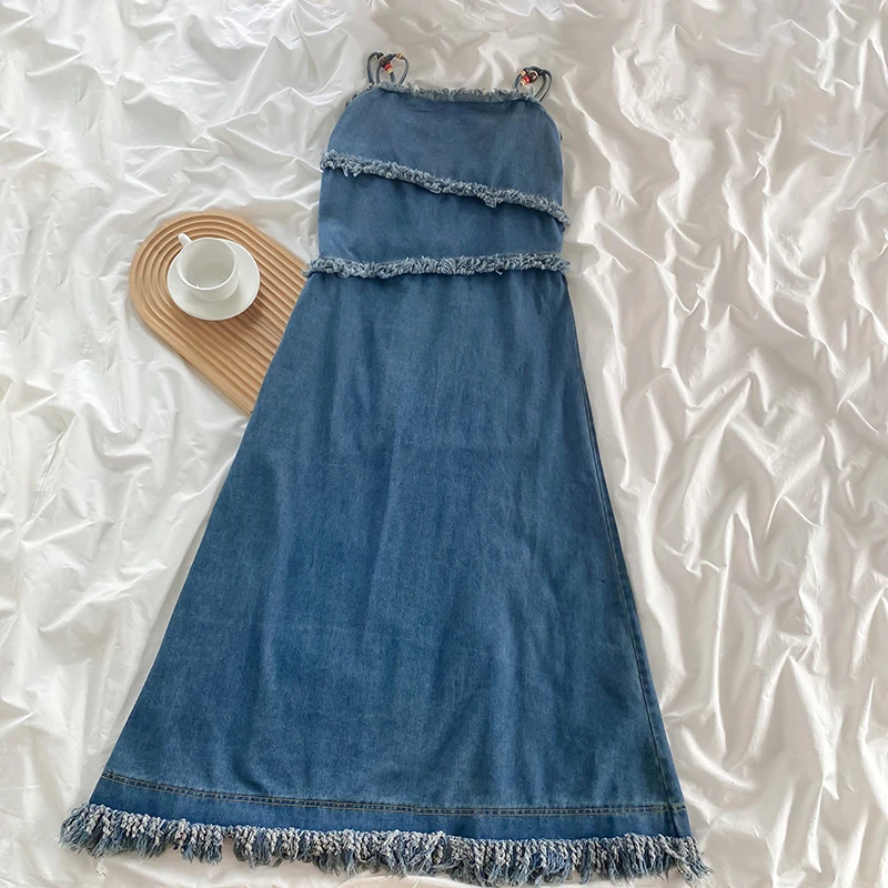 

Summer Beaded Denim Dress Women Spaghetti Strap Lace-up Square Neck Long Skirt Casual Fashion Tassel Patchwork Jean Dresses