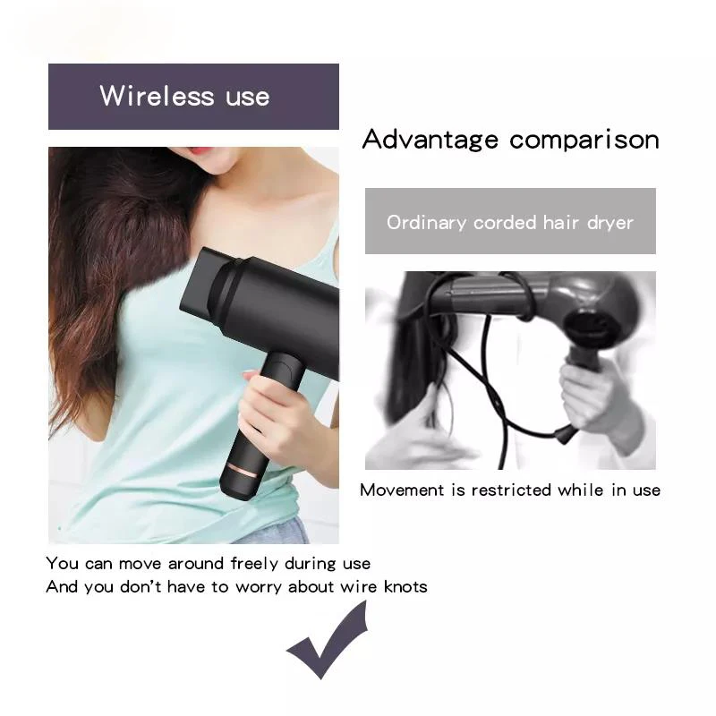 Professional Portable Household Ionic Blow Hair Dryer Hotel Use Rechargeable Wireless Cordless Hair Dryer 4