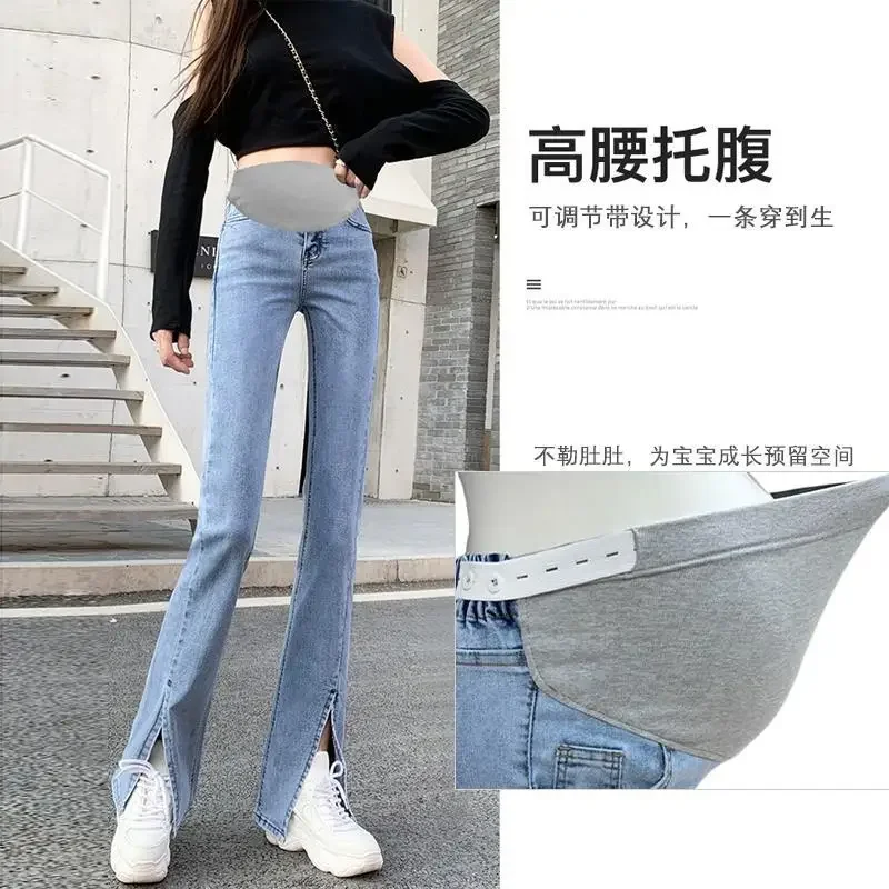 

New maternity pants spring and autumn straight with slit jeans for pregnant women summer thin slit flared wide leg jeans women's