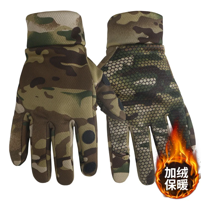 Guanti Tattici Mimetici con Velluto Spesso per Allenamento all'Aperto, Equitazione Invernale, Moto, Dita Intere, Uomo, Palmo, Guida Invernale