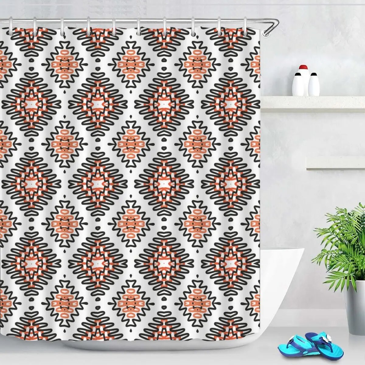 

Geometric Pattern Bathroom Curtains Simple Diamond Shower Curtain Bathroom Polyester Waterproof Decorative Curtains with Hooks