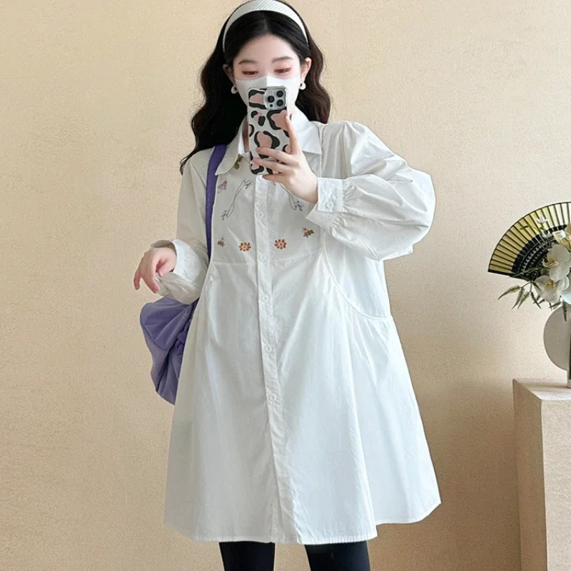 Korean Style Maternity Good Quality Shirts Fashion Floral Embroidery Pregnant Woman Cotton Blouses Loose Pregnancy White Dress