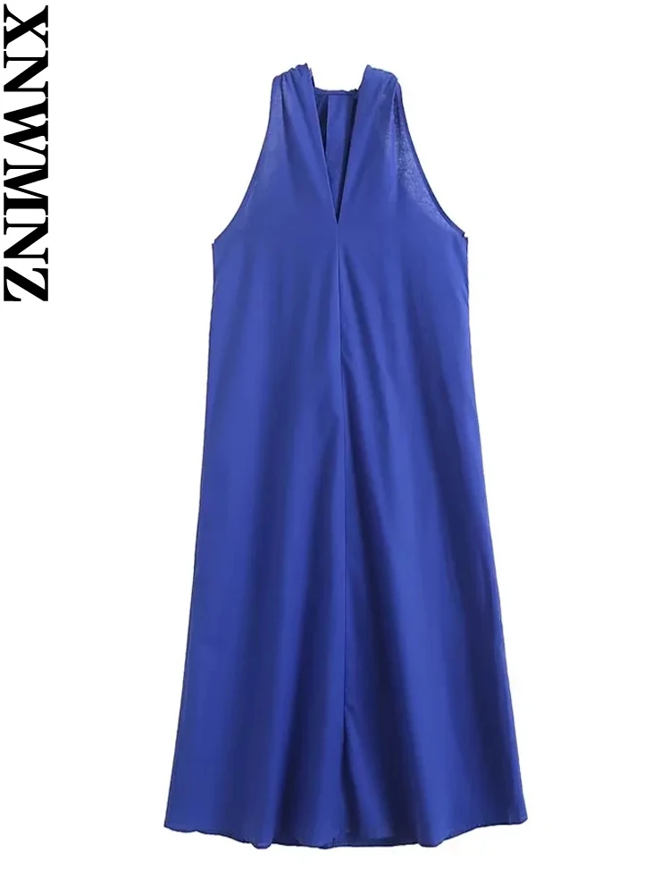 

XNWMNZ Women's Fashion 2023 Advanced Sense Back Cross Over Midi dress Women Vintage Sleeveless Simple Female Chic Dresses