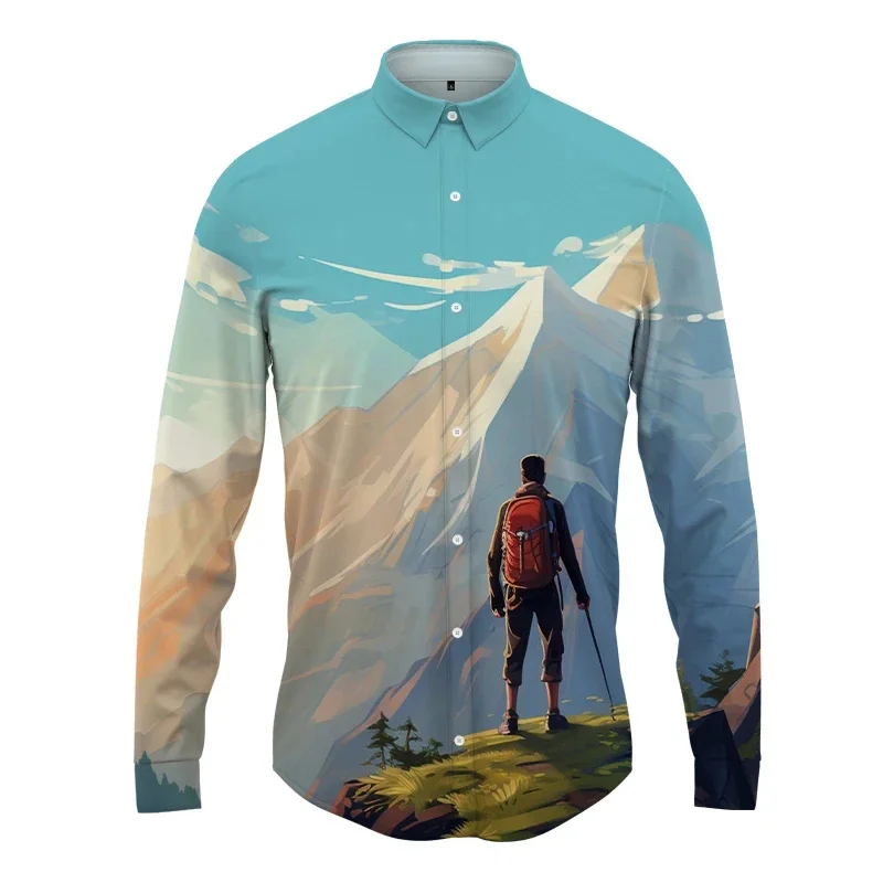 thumbnail image 1 of Camisa con solapa con estampado 3D de paisaje para hombre y mujer, camisas casuales de moda de manga larga, ropa de calle con botones, ropa unisex de gran tamaño, 1 of 5