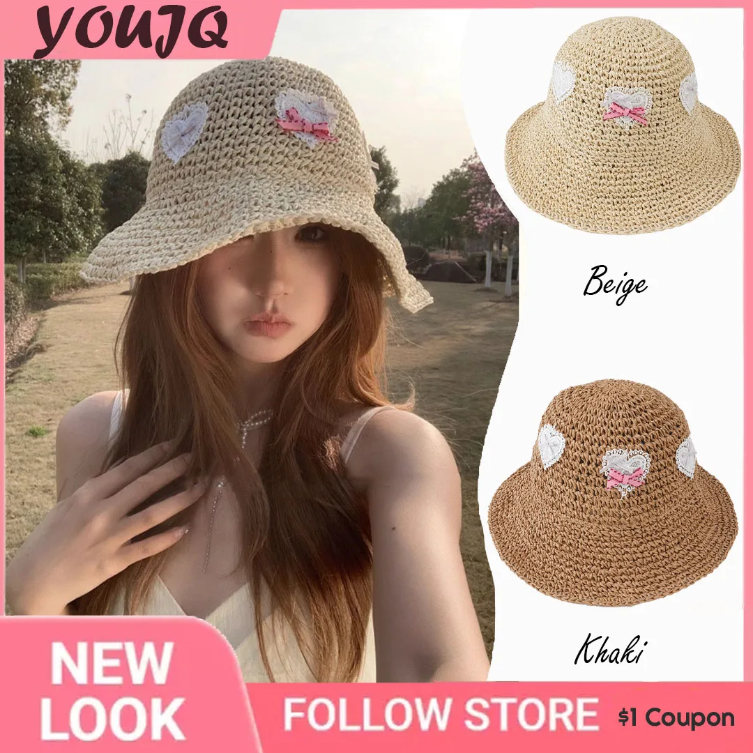 

INS Summer Sun Hats For Women Straw Crochet Bucket Cap Foldable Panama UV Sun Caps Boho Lace Bow Fishing Vacation Beach Hat