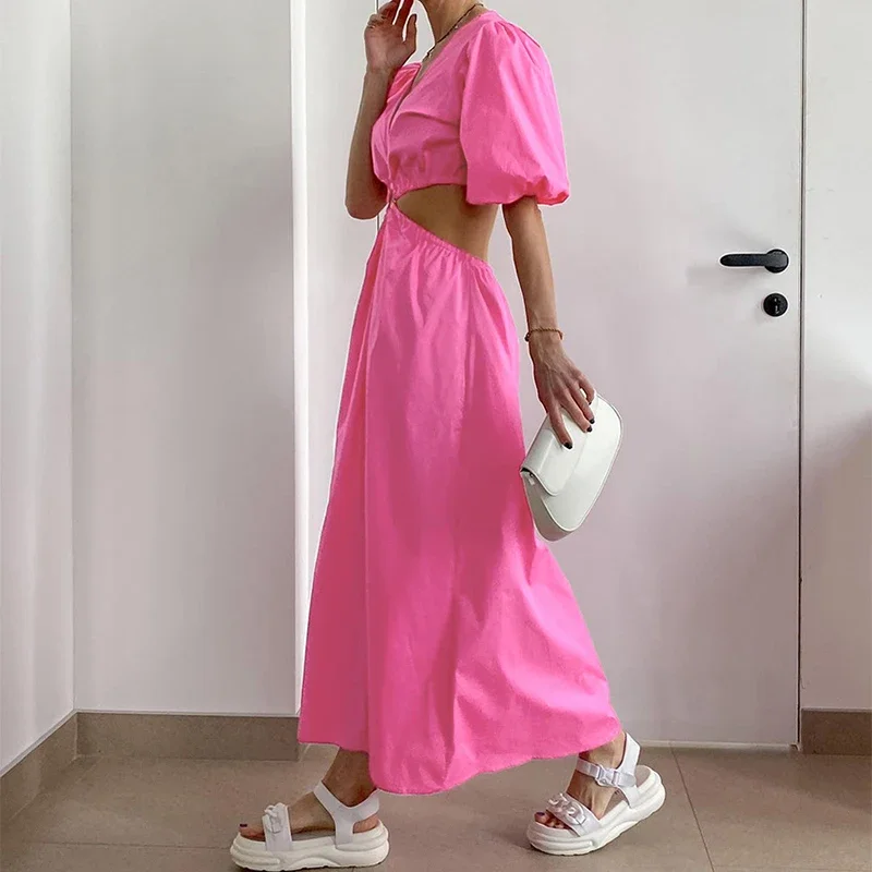 

PASSIONNÉ Women's Dress V-neck Puff Short Sleeve Hollow-out Ankle-length Pink Dresses Female 2023 Vacation Fashion Summer New