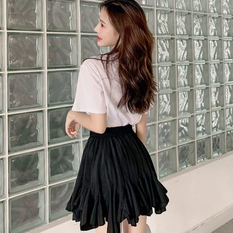 Ruffled Edge Skirt Elastic Waist Thin Women A-line Pleated Puffy Preppy Style Solid Color Simple Casual Korean Fashion Summer