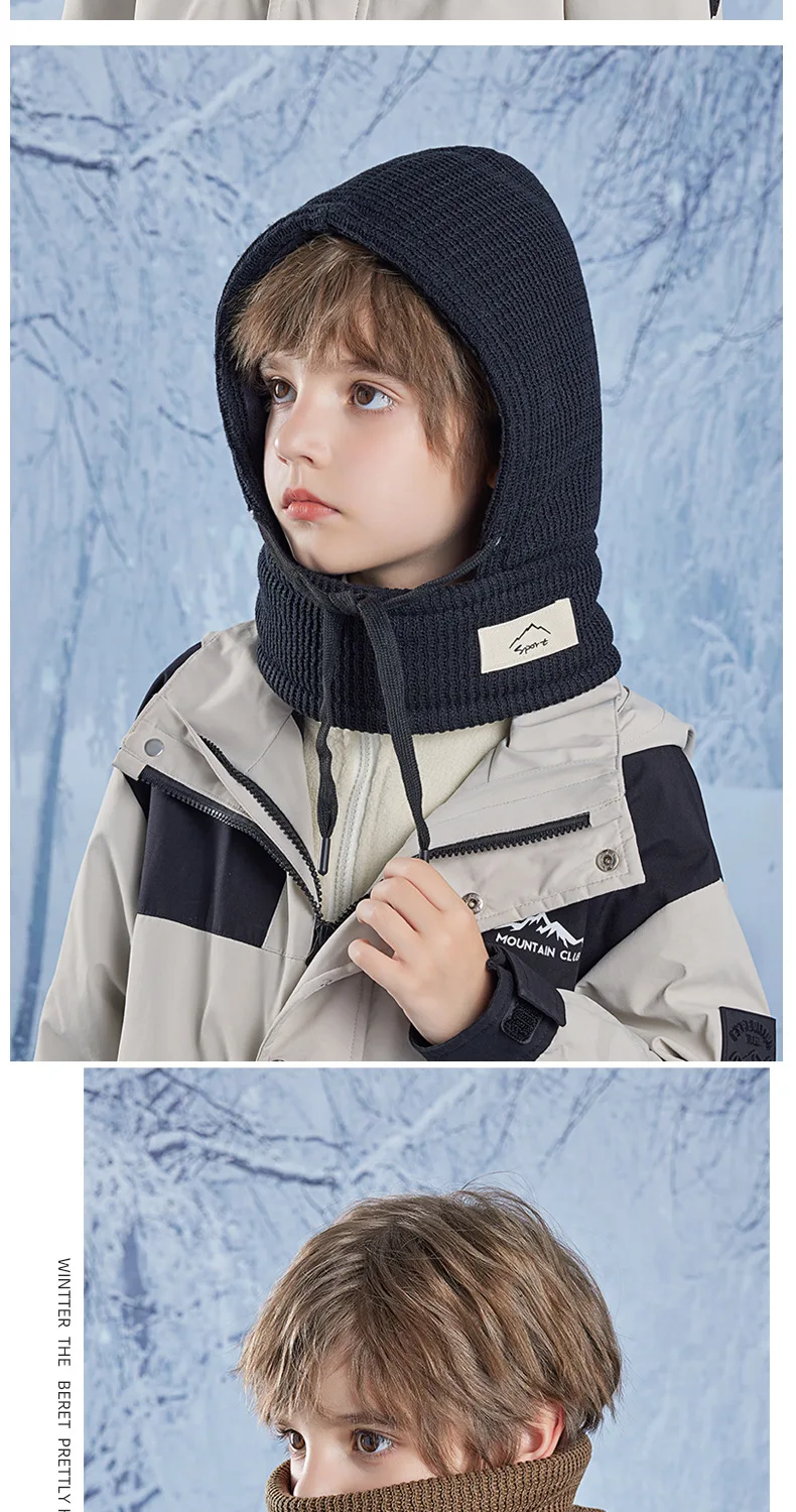 Winter Kind Sturmhaube Hut Junge Mädchen Fleece-gefütterte Bonnets Winddichte Maske Gestrickte Mützen Mütze Schal Set Kinder Mit Kapuze Warme Mütze 4-10Y – Detail 16