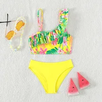 New Children's Angled Shoulder Strap Split Swimsuit Girls Printed Ruffles Quick-Drying Breathable Bikini Swimwear Beach Wear 1