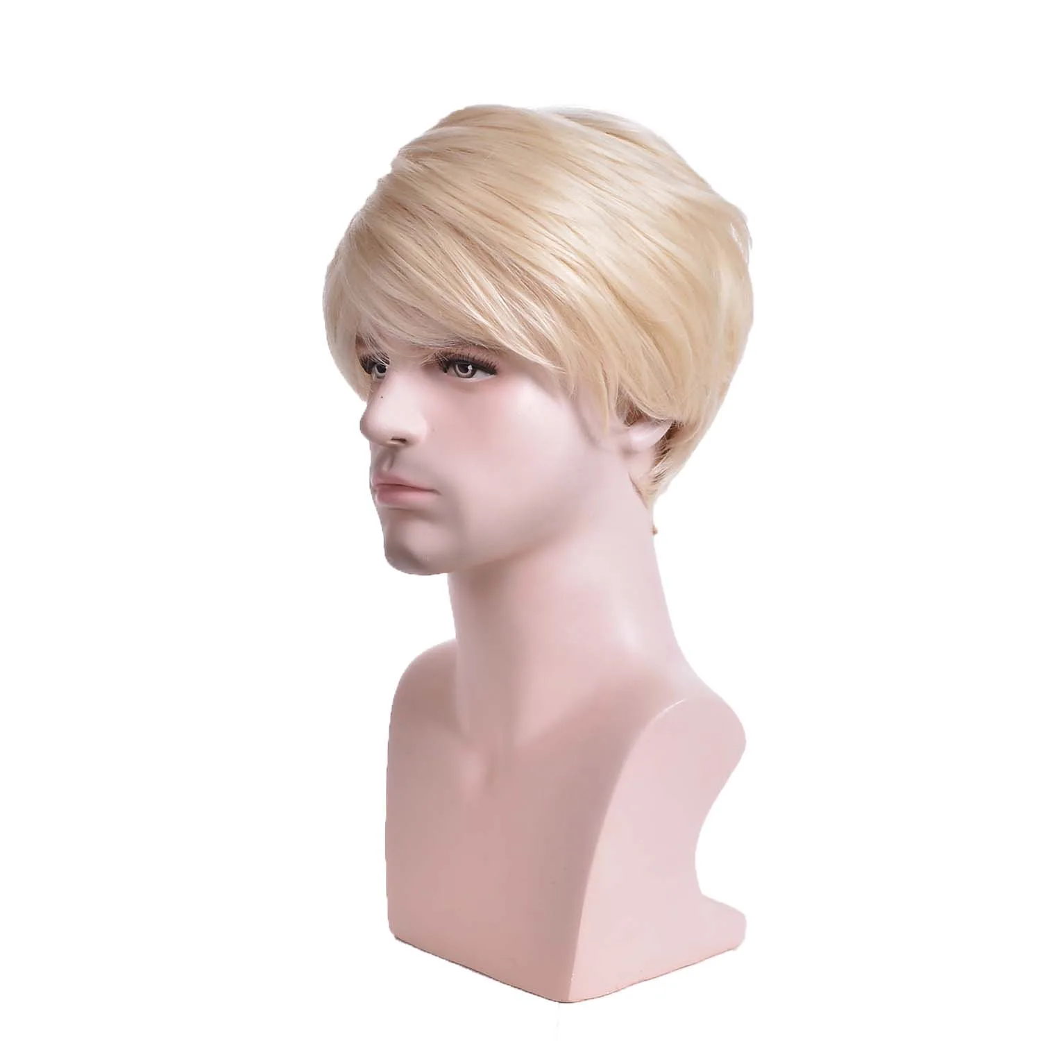 Men's Wig Synthetic Hair Fluffy Short Light Blonde Layered Wigs with Bangs Looking Daily Party Casual Adjustable Cap Size