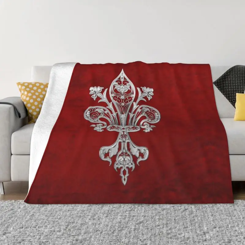 

Silver Filigree Fleur De Lis Sofa Fleece Throw Blanket Warm Flannel Lily Flower Fleur De Lys Blankets Bedding Office Sofa Quilt