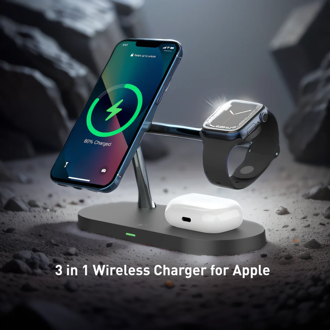 

3 in 1 Magnetic Wireless Charger Stand for iPhone 14, 15 Pro Max, Airpods Pro for Apple iWatch 9, 8 QI Fast Charging Station