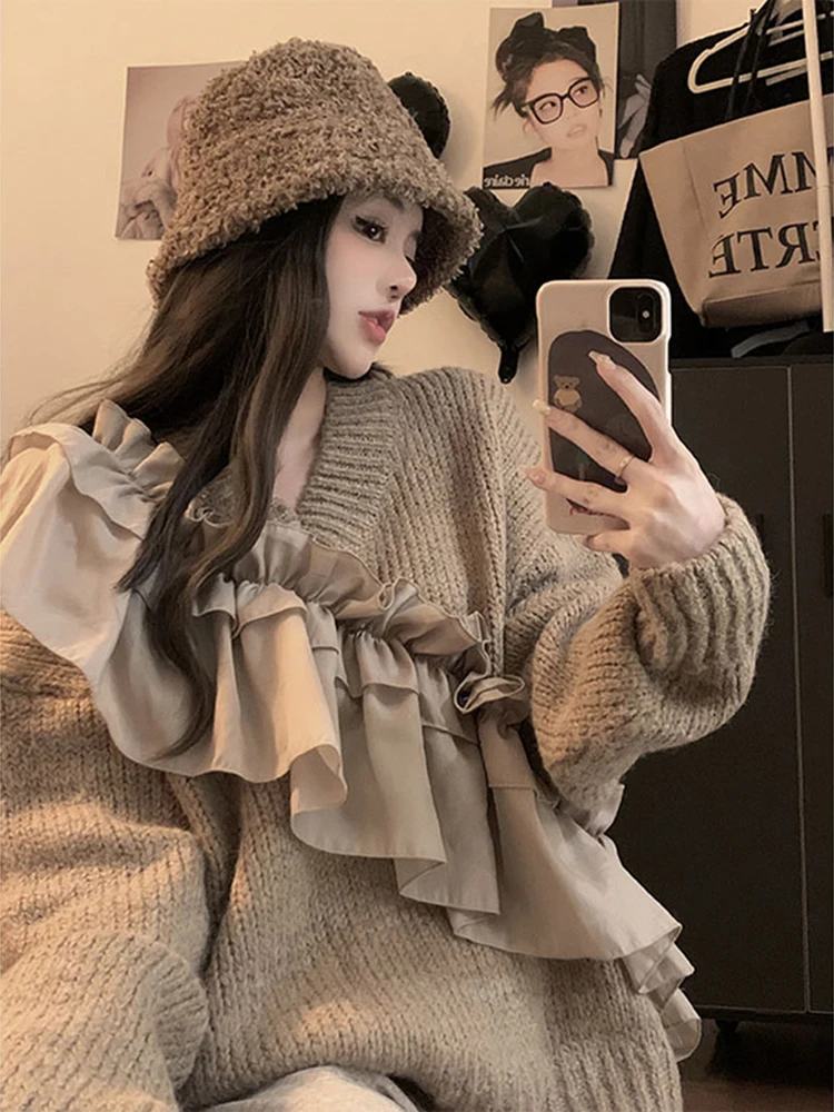 

Autumn Winter Long Sleeve New Women's sweater gentle Lazy wind fashionalace knit loose pullover sweater temperament