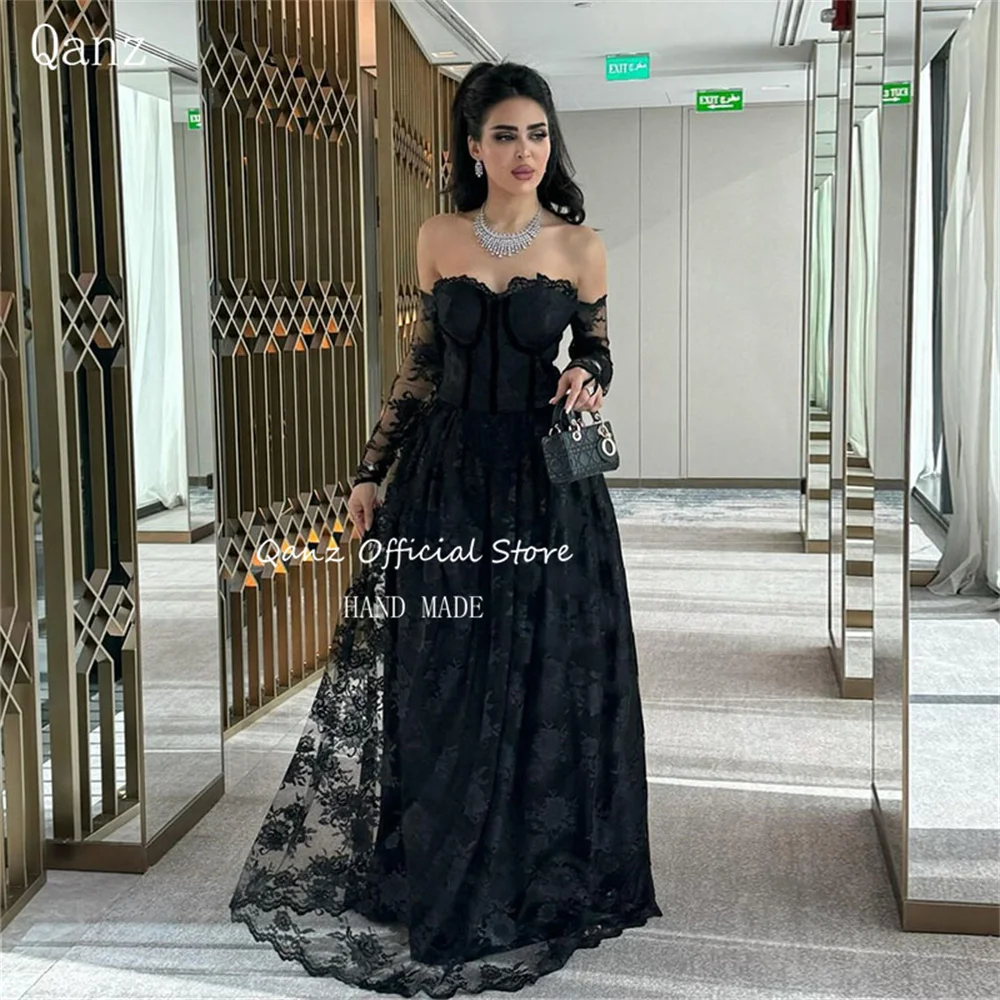 

Qanz Luxury Elegant Evening Dresses 2024 Abendkleider Dubai Black Lace Appliques Long Sleeves A Line Formal Occasion Dresses