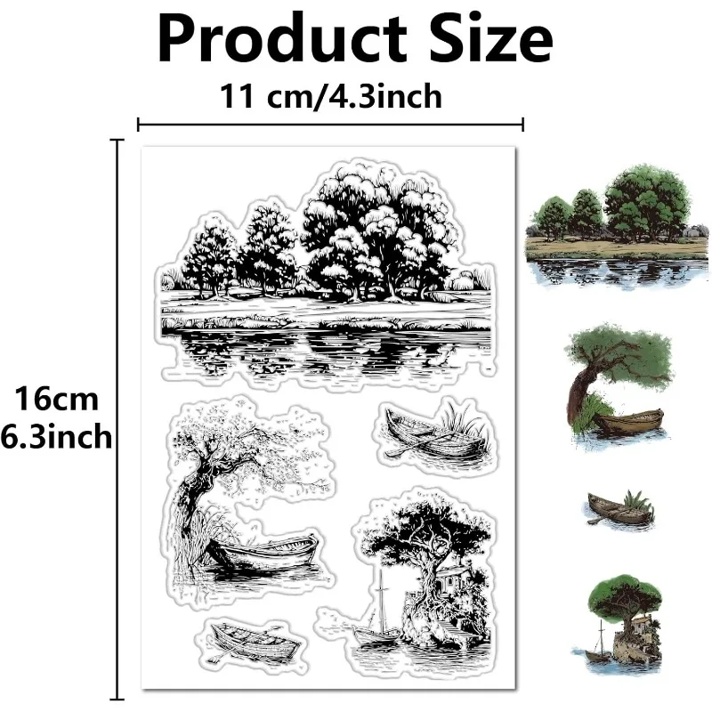 1Sheet Natural Scenery Clear Stamp For Card Making Trees Lake Background Rubber Stamps Reusable Transparent Silicone Decorative