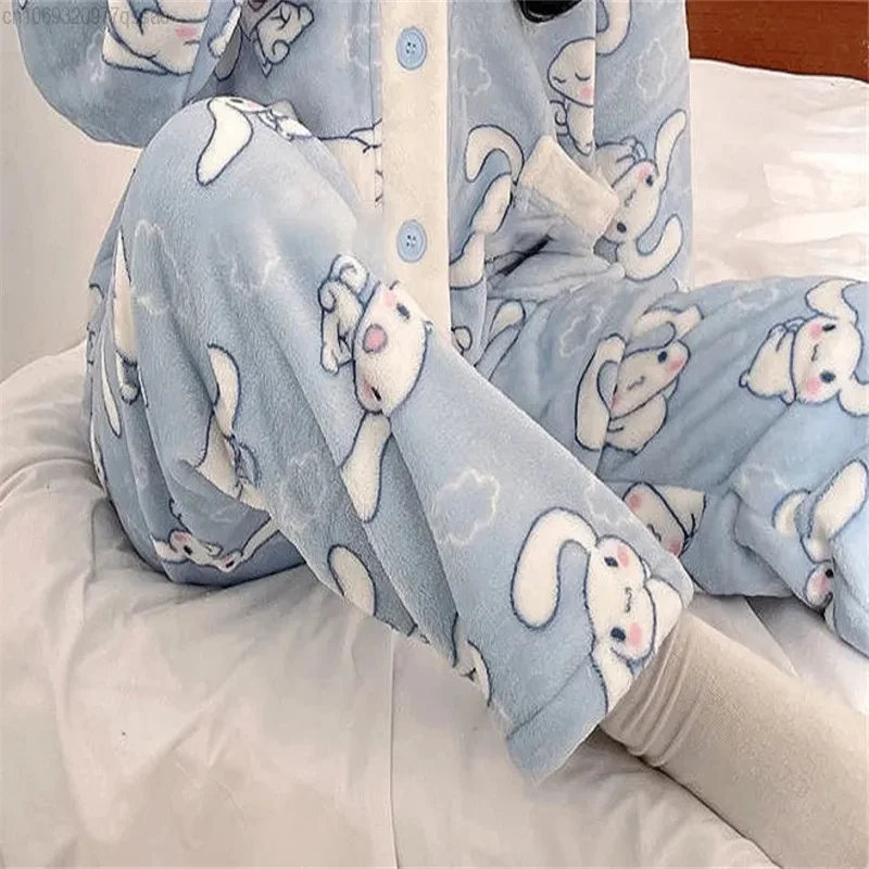 

Hello Kitty Sanrio Cinnamoroll Sleep Bottoms Women Autumn Winter Plush Flannel Pants Thicken Kawaii Furry Coral Fleece Home Pant