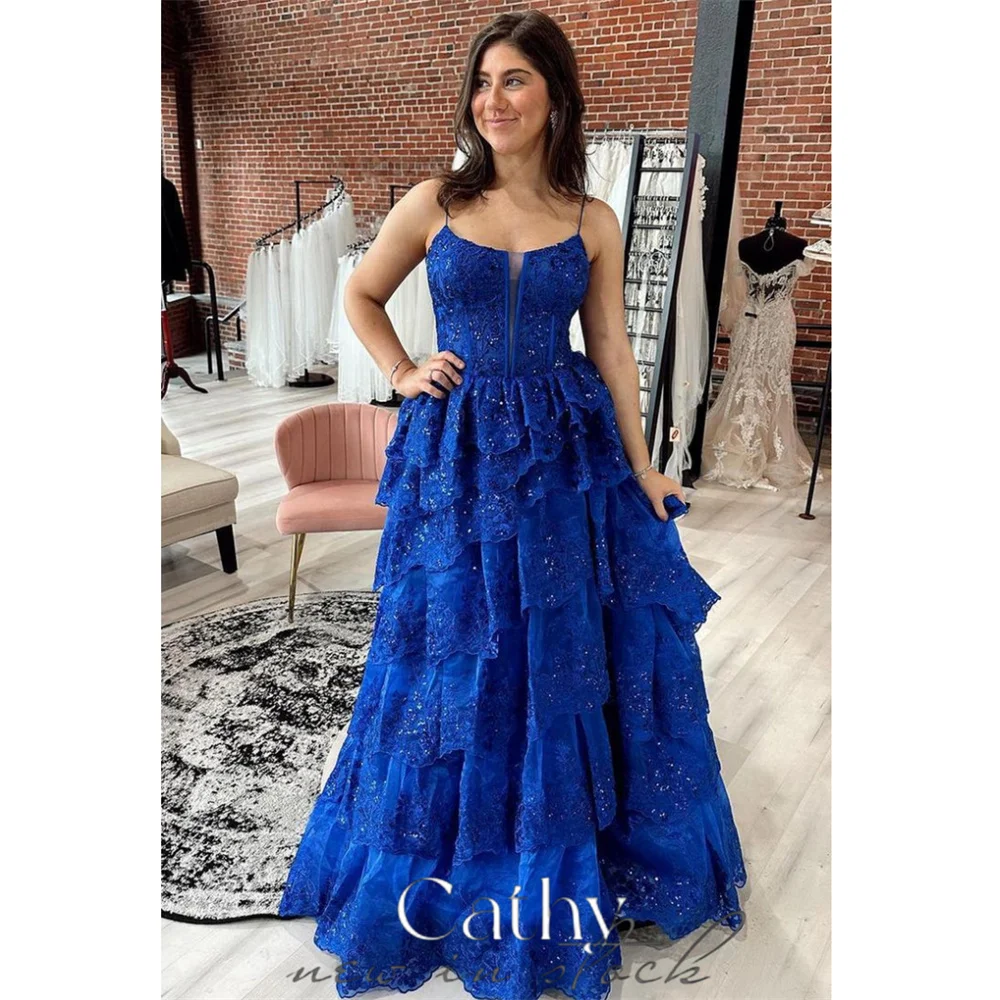 

Cathy Blue Shiny Sequins Tulle Prom Dress Spaghetti Strap A-line Vestidos De Novia Elegant Multilayer Sleeveless robes de soirée